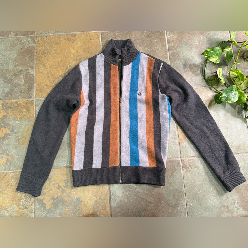 Penguin by Munsingwear Full Zip 100% Wool Sweater Jacket Men S Grey/Multi Stripe